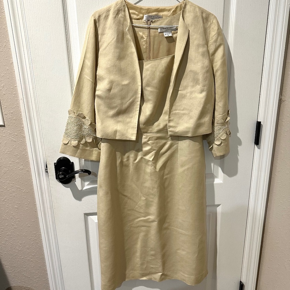 Peter Nygard Beige Linen Sheath Dress with Beaded Jacket
